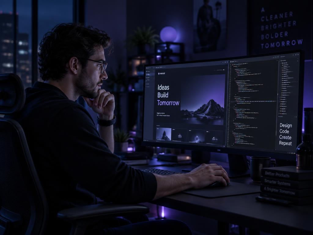 Professionnel travaillant sur ordinateur dans un espace digital sombre